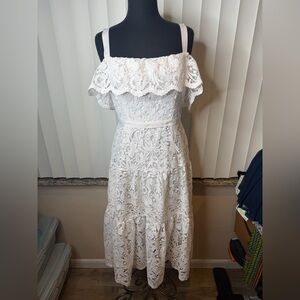 Marchesa Notte Lace Pattern Midi Length White Off-Shoulder Dress Whimsical SZ 8